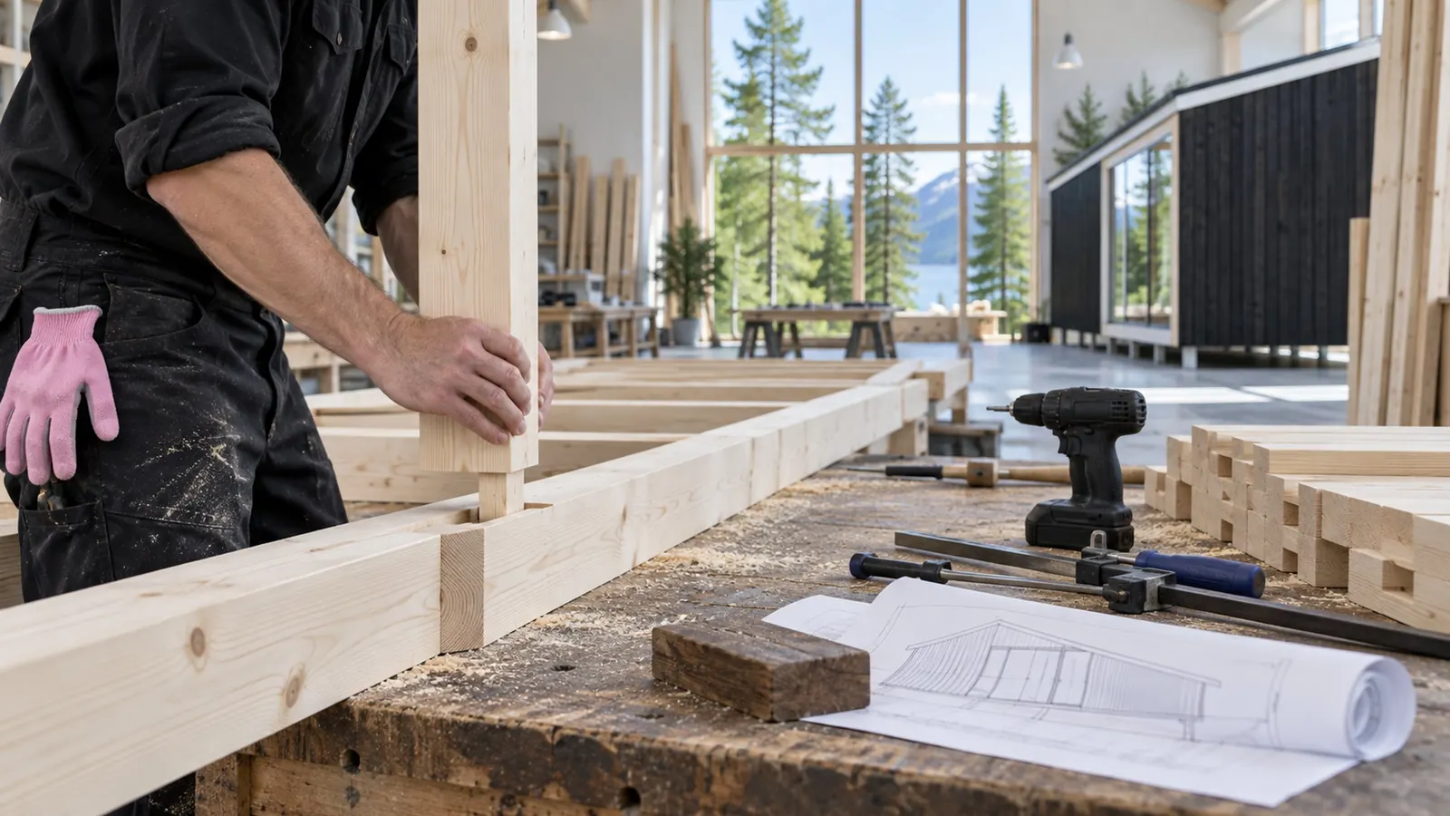 A joiner's hands fitting a spruce tenon into a wall frame on a long workbench in a bright timber hall
