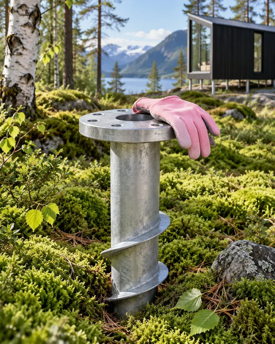 A galvanised steel screw pile half turned into mossy forest ground, a pink work glove resting on its flange