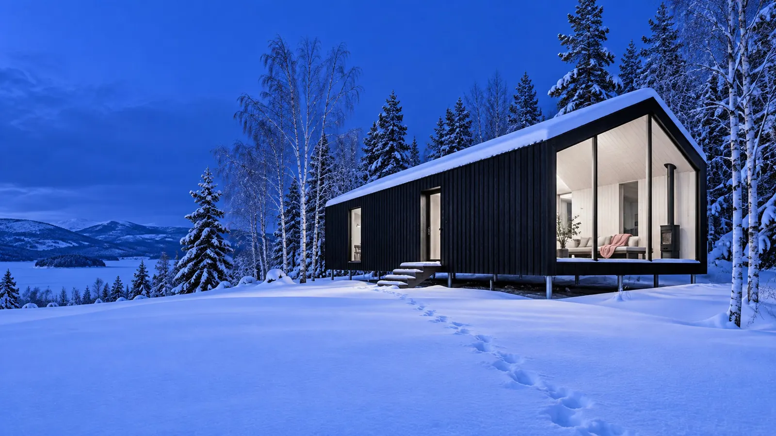 A finished black cabin with glowing gable glass in deep snow at blue hour, birches around it