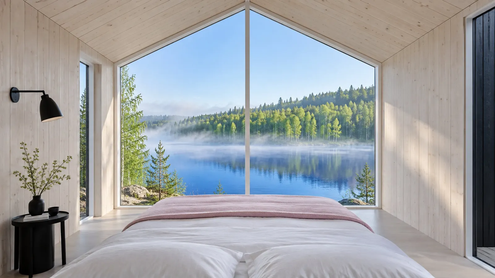 Inside a single-module cabin: a low bed facing a full-height glass gable over a misty lake, pink blanket folded at the foot