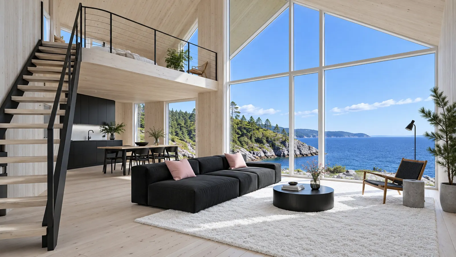 Three-module cabin with a sleeping loft above a double-height living room, sea view through tall glazing, pink cushions on a black sofa