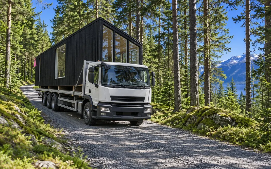 A flatbed truck carrying a wrapped black cabin module along a narrow gravel road through tall pines
