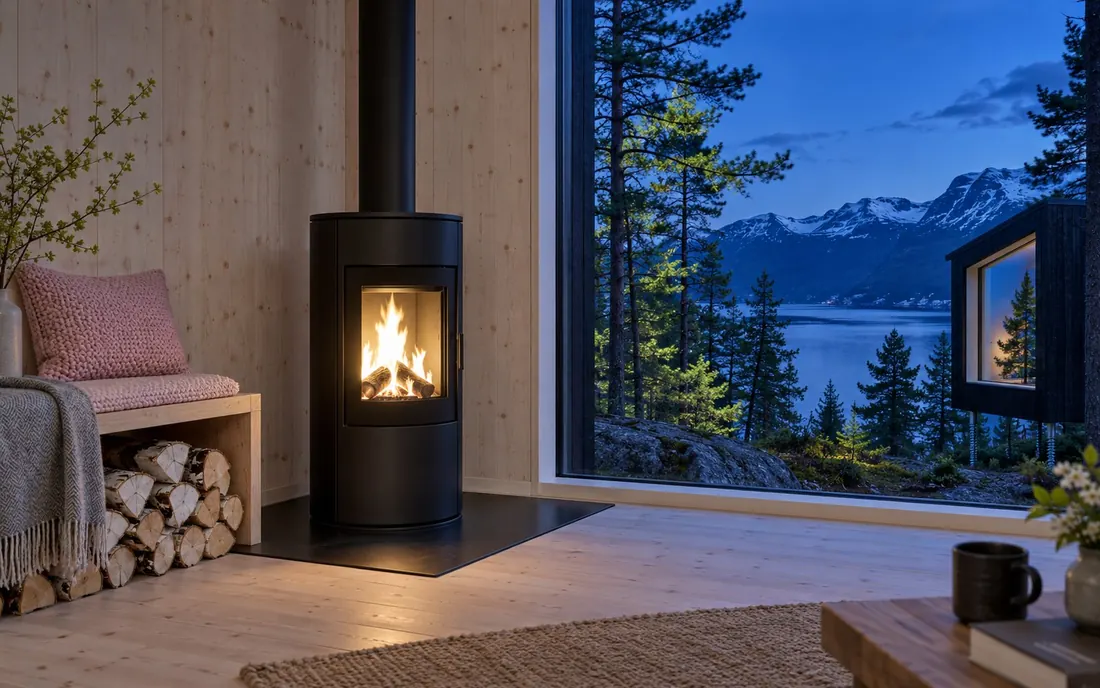 A black wood stove glowing inside a cabin at dusk, a pink knitted cushion on the bench beside it