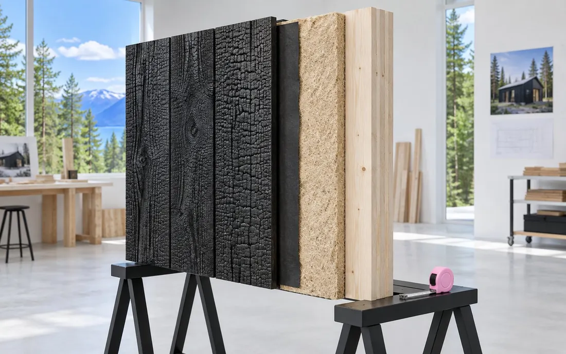 Cross-section of a cabin wall on a trestle: charred larch cladding, wood fibre insulation and a spruce frame