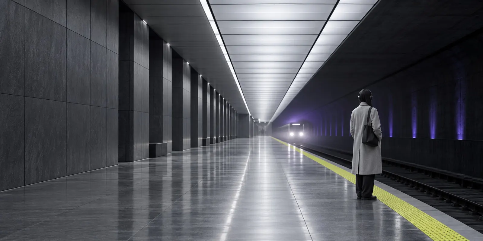 An empty metro platform at dawn, one commuter in headphones far down the platform