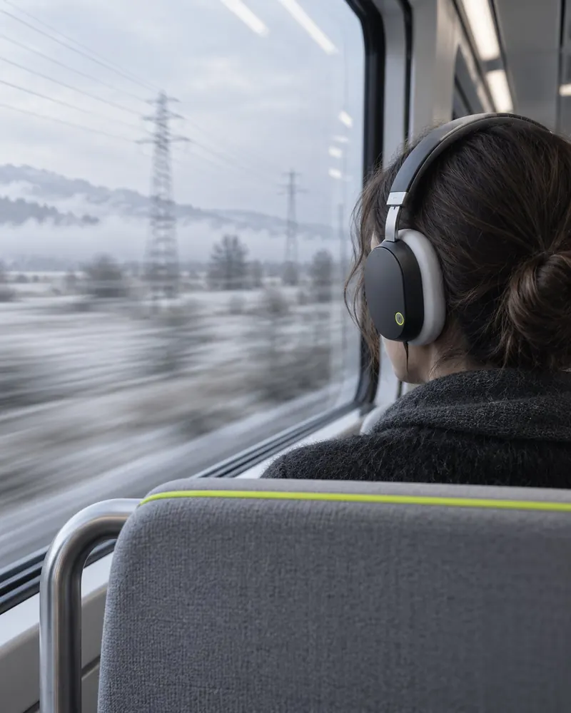 Passenger seen from behind on a train, the landscape blurred in the window