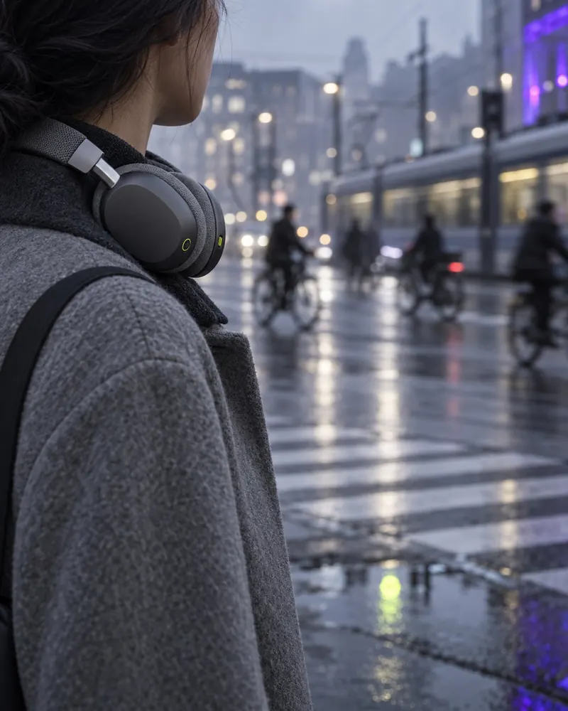 Commuter seen from behind at a rainy city crossing at dusk, headphones around the neck