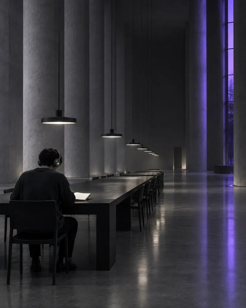 A lone figure at a long desk in a vast, empty reading hall at night