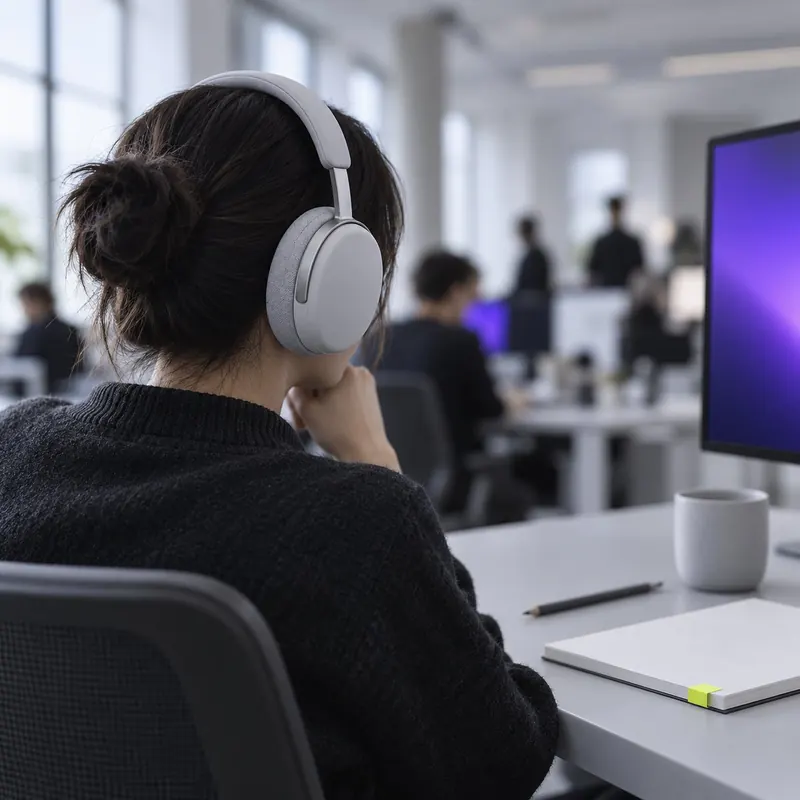 Person at a pale desk in a busy studio, seen over the shoulder, wearing fog-grey headphones