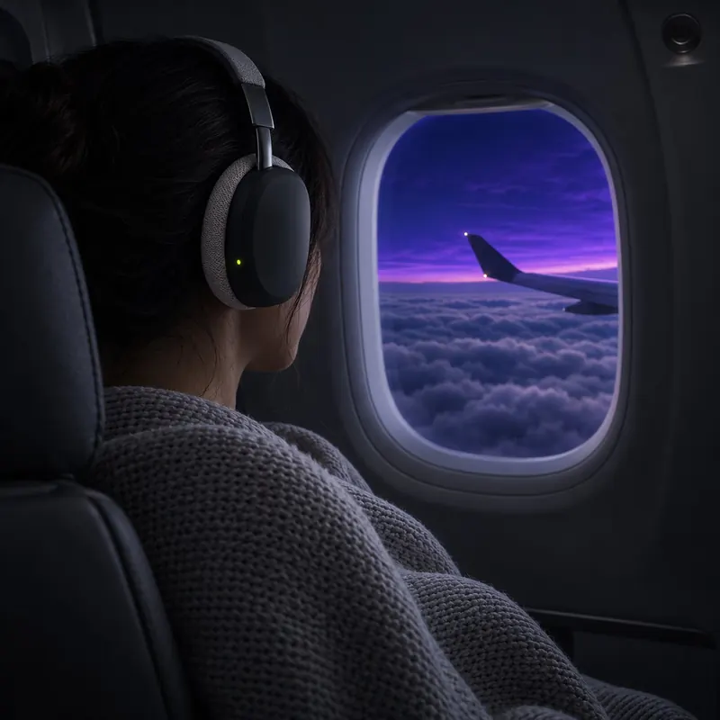 Traveller in a dim aircraft cabin by the window at twilight, wearing headphones