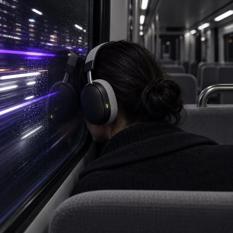 Night train passenger seen from behind, head against the window, wearing headphones