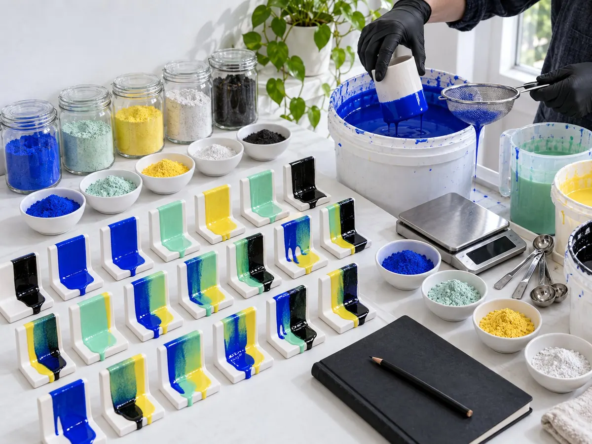 Rows of glossy cobalt, mint and yellow glaze test tiles on a white bench