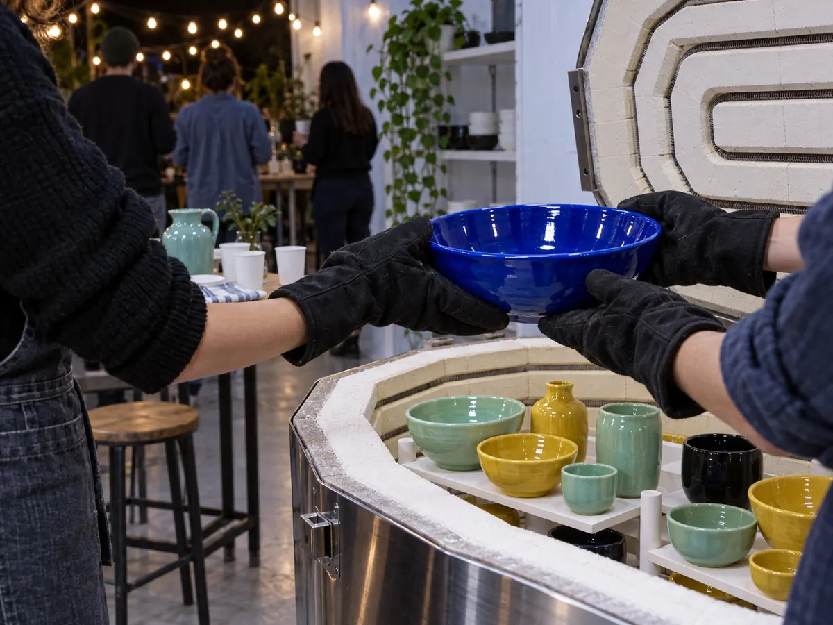 Gloved hands lifting a glossy cobalt bowl out of an opened kiln under string lights