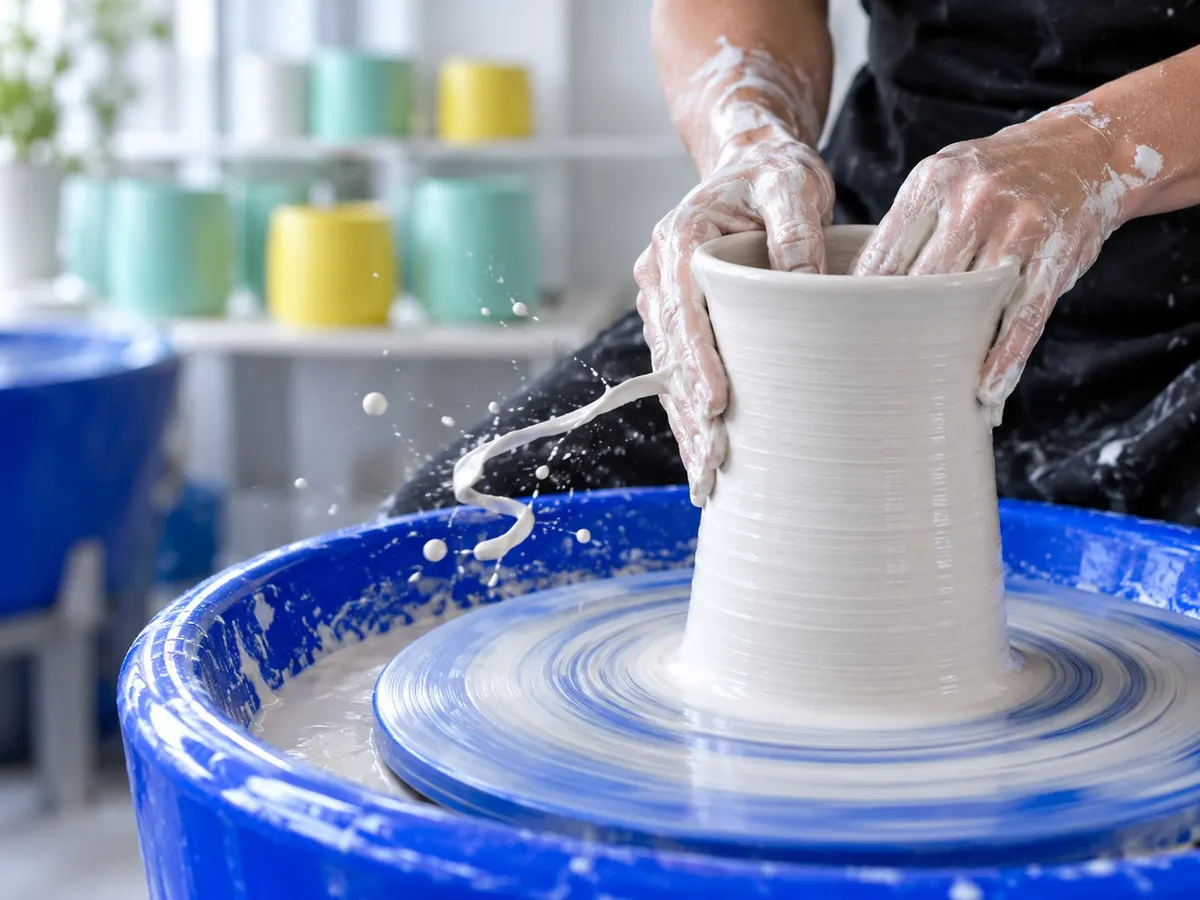 Wet hands opening a tall cylinder of white clay on a cobalt throwing wheel
