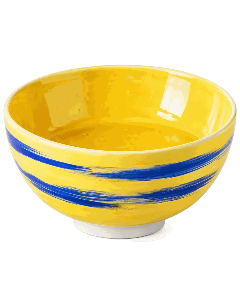 Wide yellow serving bowl with cobalt brush strokes