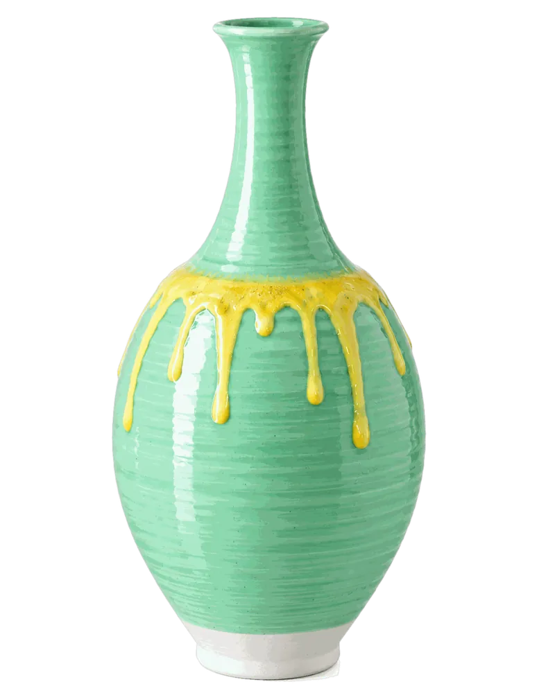 Tall mint-green bud vase with yellow drips at the shoulder