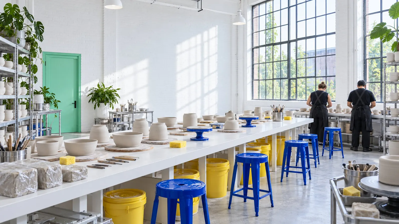 Long white workbench lined with leather-hard pots in a bright studio with cobalt stools
