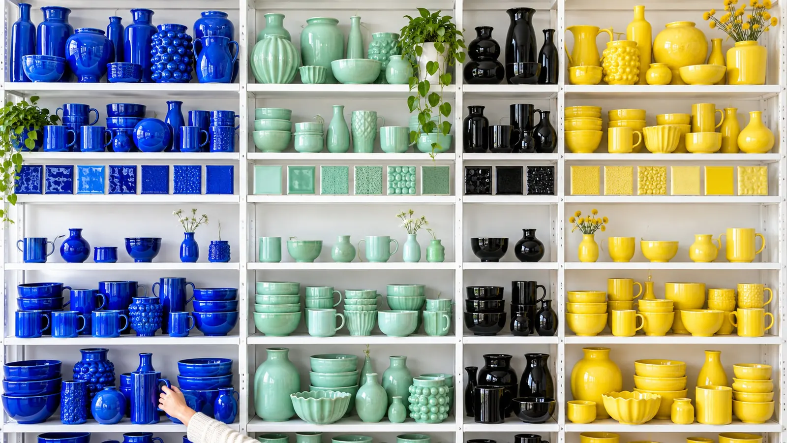 A wall of white shelves holding pots sorted into blocks of cobalt, mint and yellow glaze