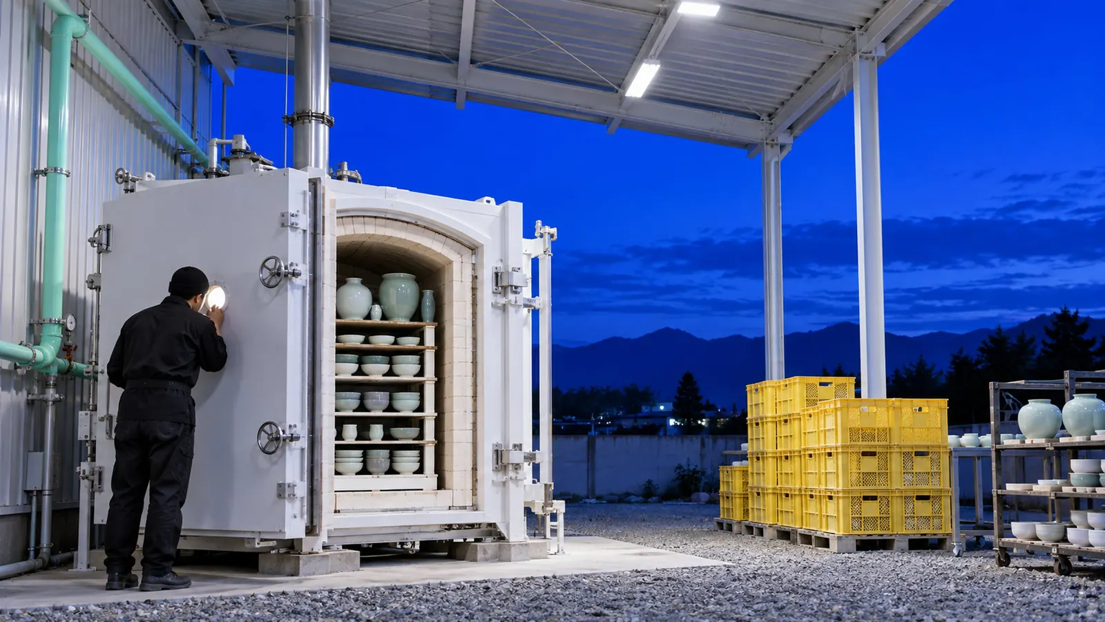 A white gas kiln under a steel canopy at blue hour, its door ajar on stacked glazed pots