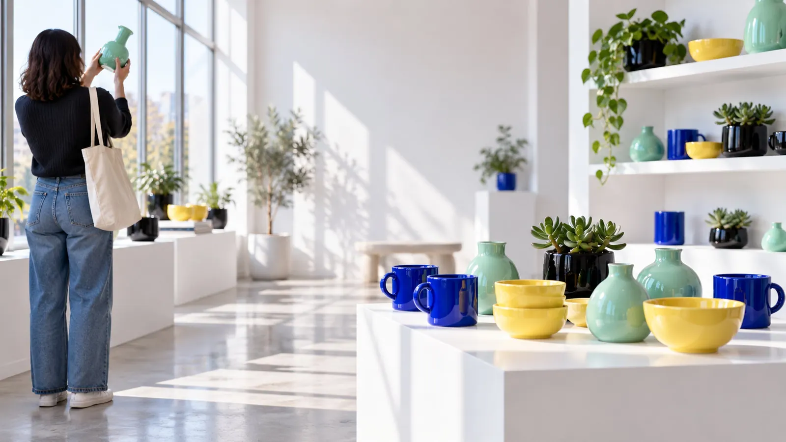 Shop corner with mugs, bowls and bud vases on white plinths in window light