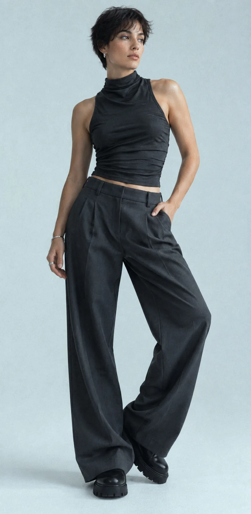 Model in the Night-dip top and Harbour trouser