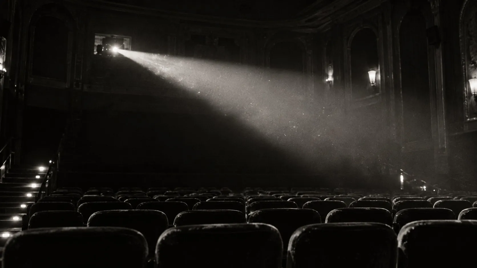 A projector beam cutting through haze above empty cinema seats