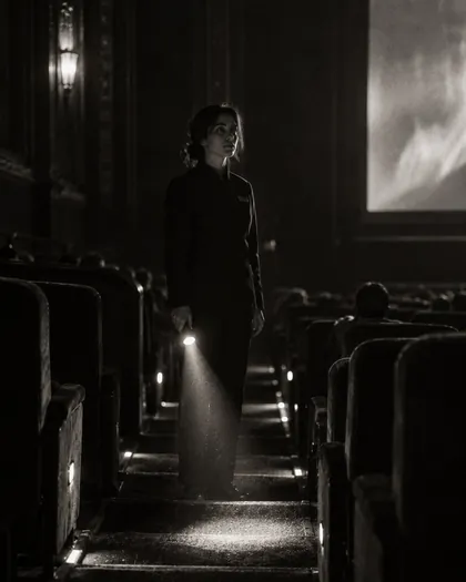 An usher holding a torch in a dark cinema aisle