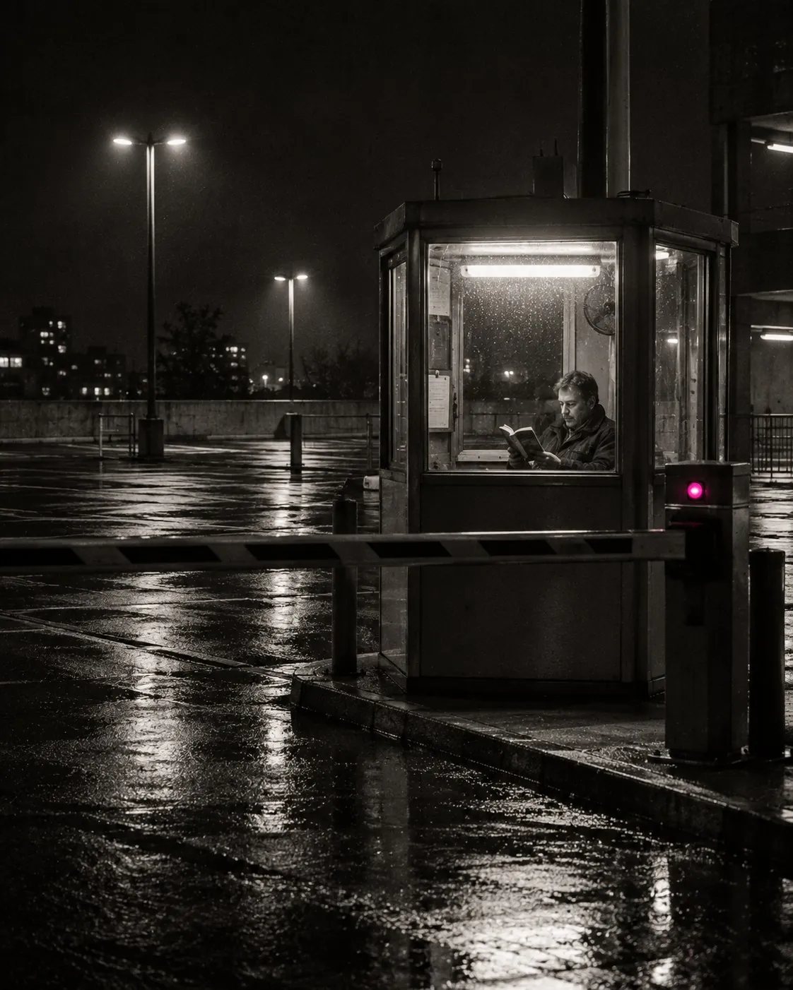 A car-park attendant in a lit booth at night