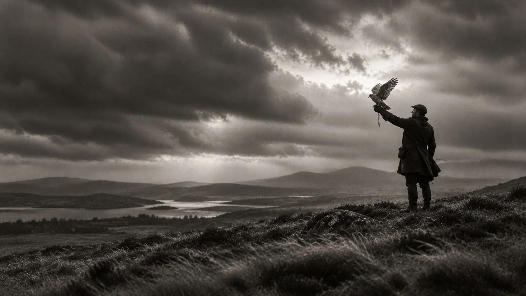 A falconer on an open moor with a bird on the glove, wind flattening the grass