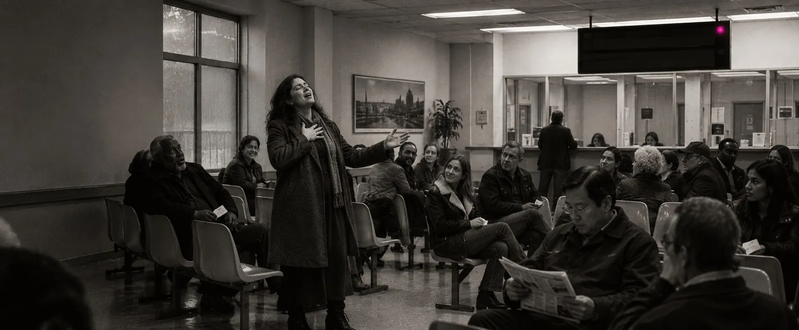 A woman singing while standing in a crowded municipal waiting room
