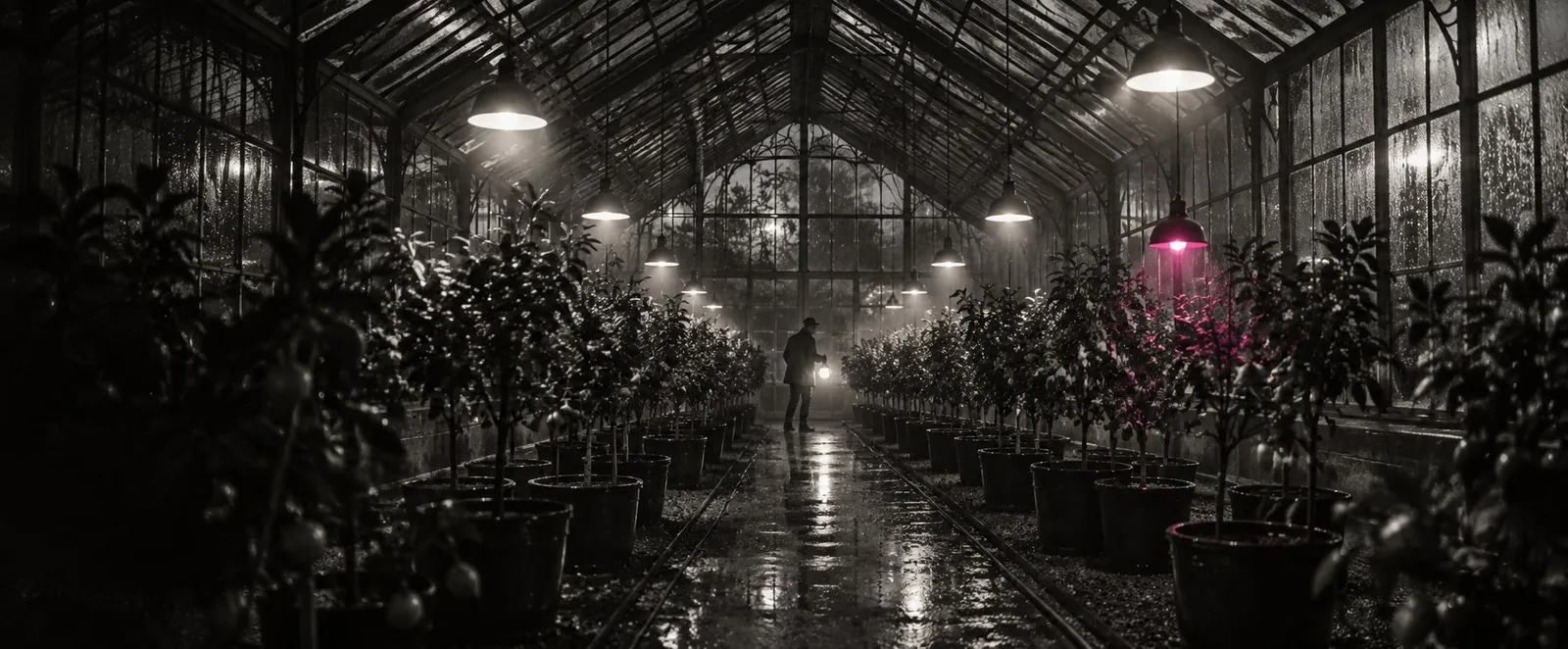 A figure among rows of plants inside a glasshouse at night