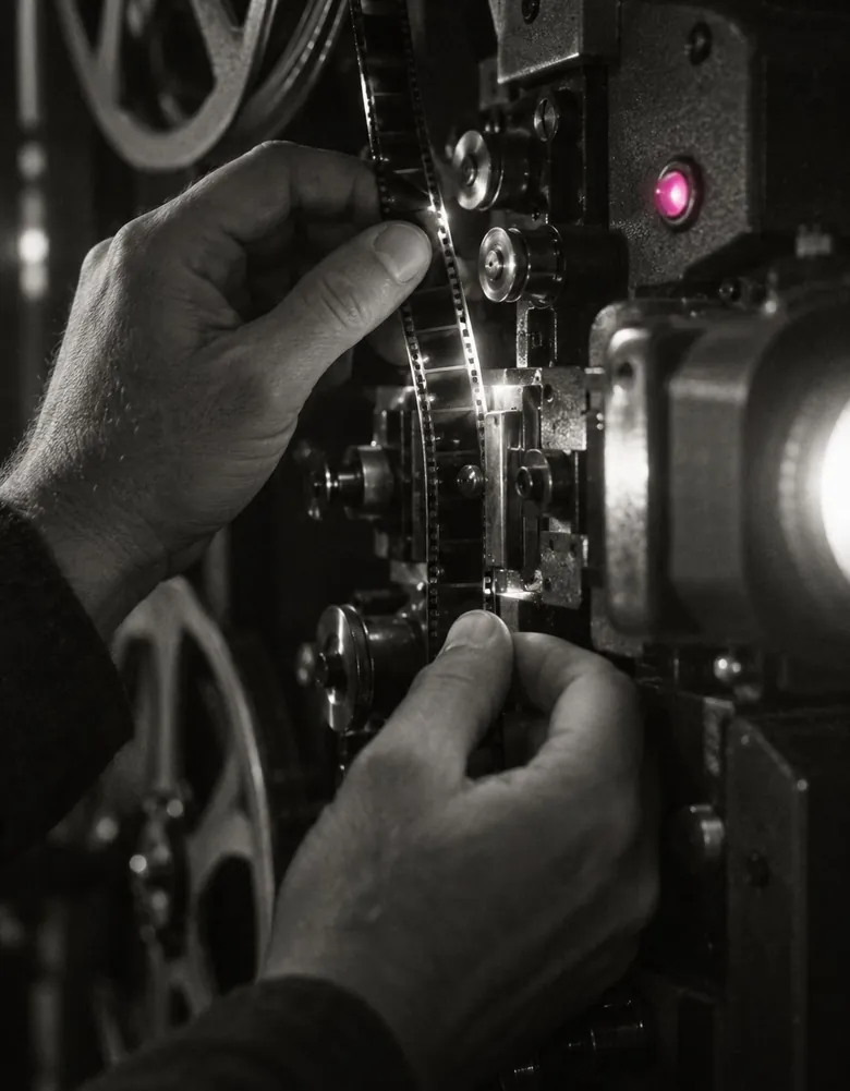 A projectionist's hands threading film through a projector gate