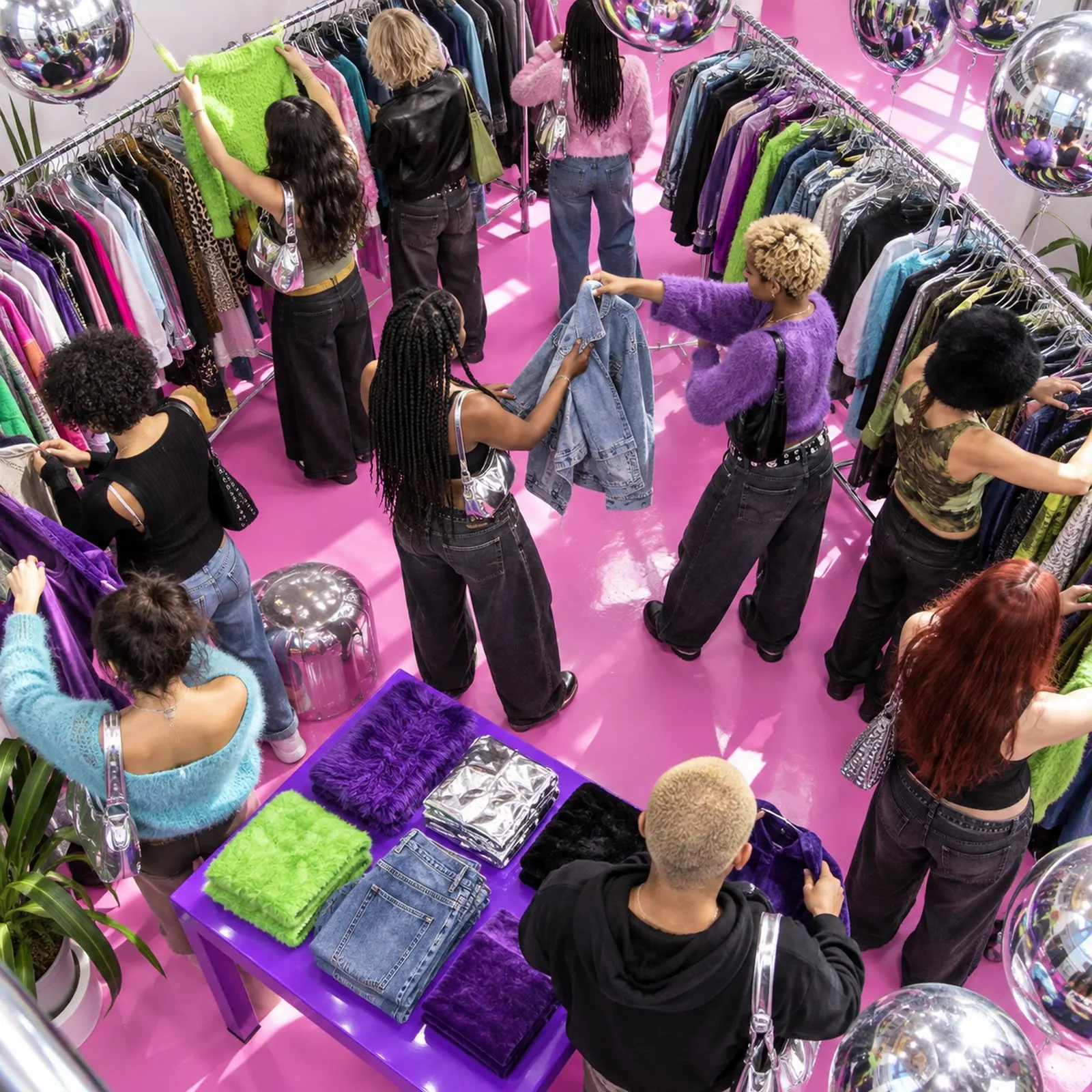 A busy clothes-swap party seen from above: people browse chrome rails on a glossy pink floor