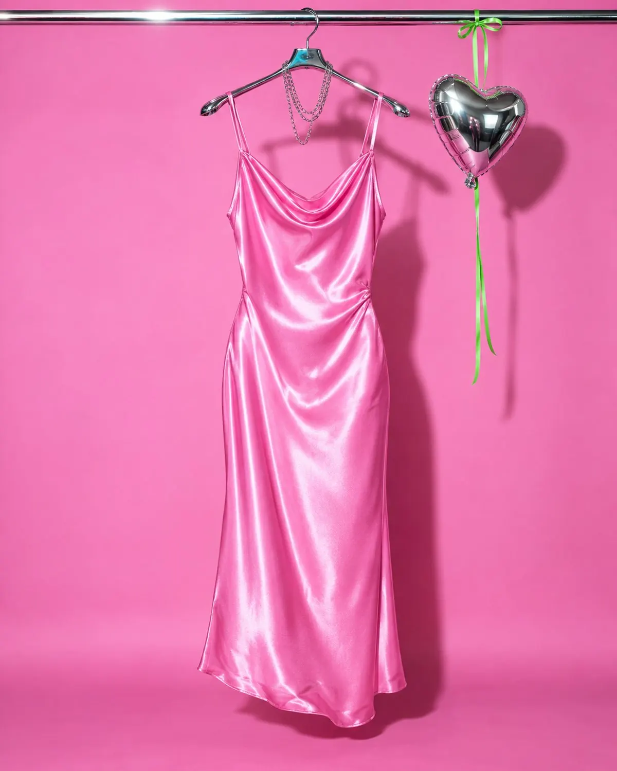 Pink satin slip dress, flash-lit on pink paper, held with a chrome heart balloon