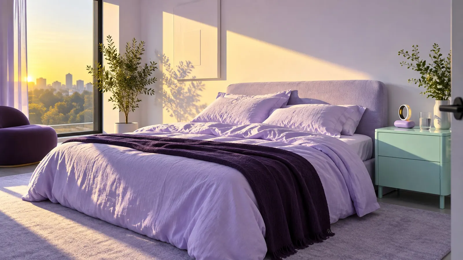 A bedroom at dawn: lilac sheets, a mint bedside table and the Lull ring charging on its pebble dock