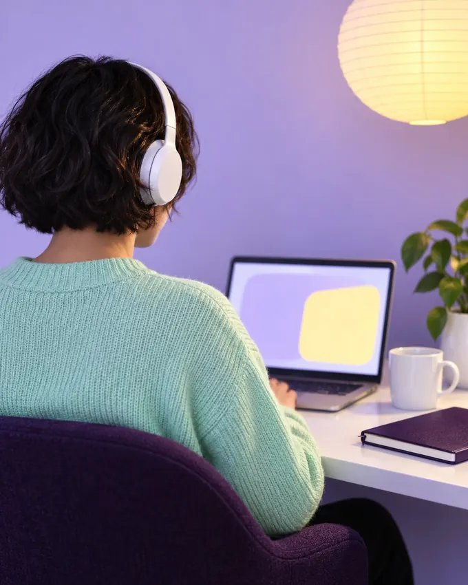 A sleep coach seen from behind on a video call in a softly lit room
