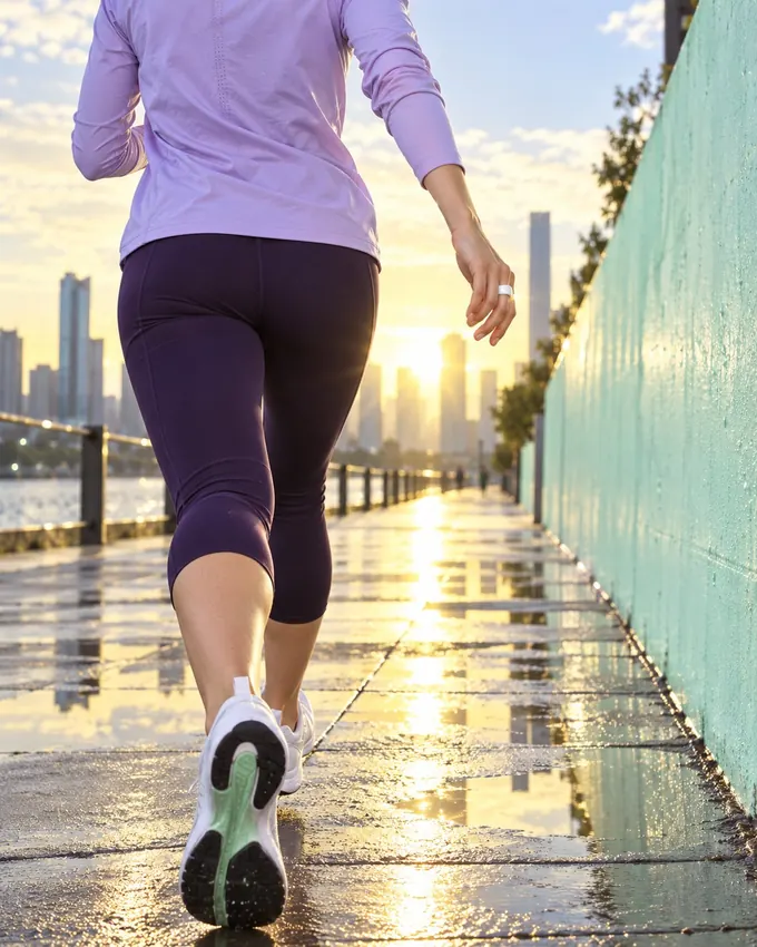 A runner seen from behind on a quiet road at sunrise, cropped at the shoulders