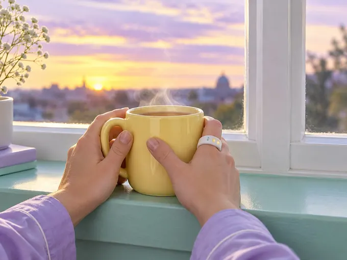 Two hands around a butter-yellow mug by a window at dawn