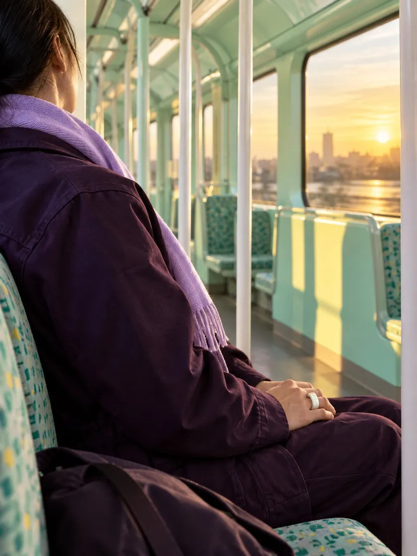 A shift worker seen from behind on an early train with butter-yellow dawn light