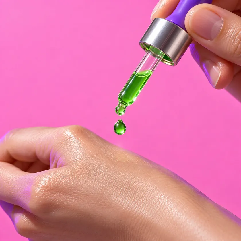 A single green drop of serum falling from a glass pipette onto the back of a hand