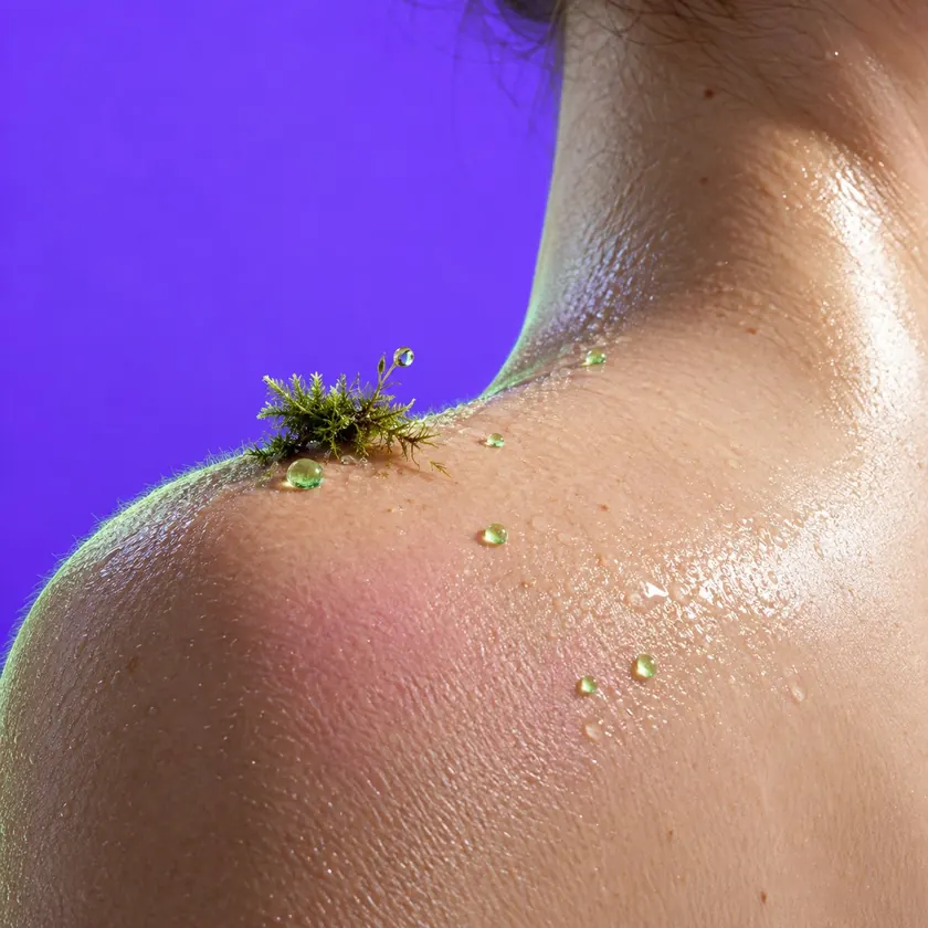 A shoulder and neck with a light sheen of serum and a tiny sprig of moss