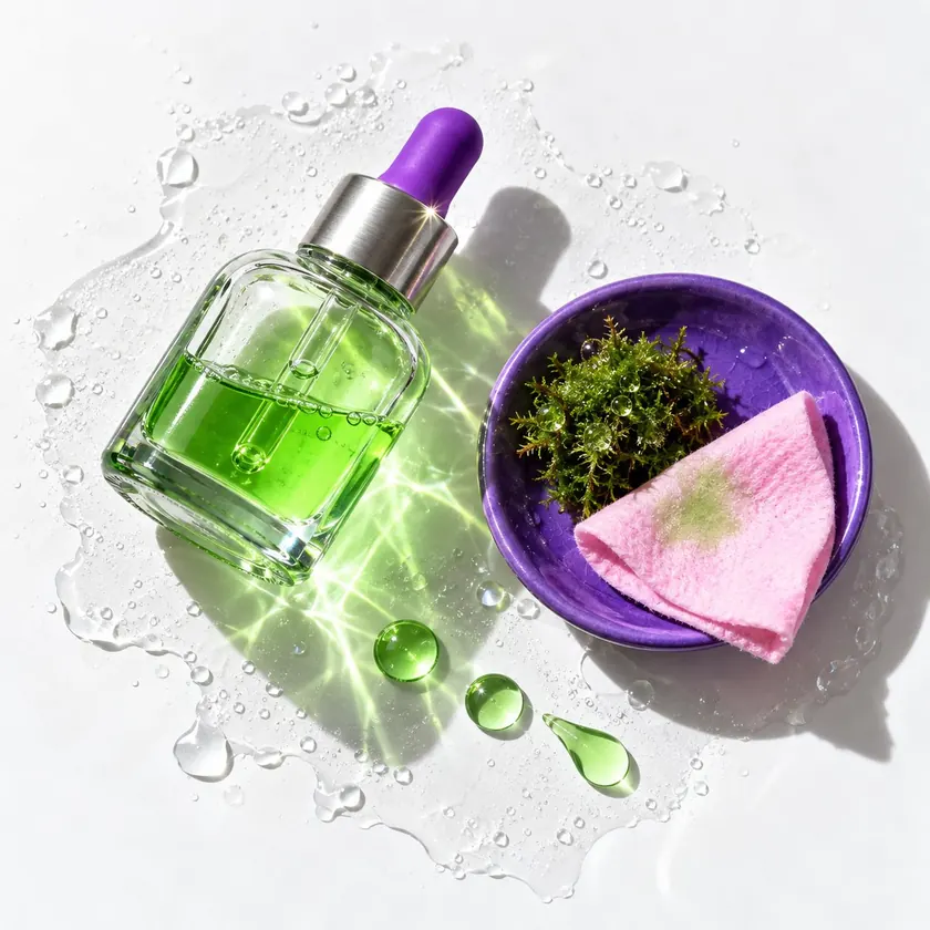 Overhead view of the dropper bottle, a dish of moss and a pink cotton pad on wet glass