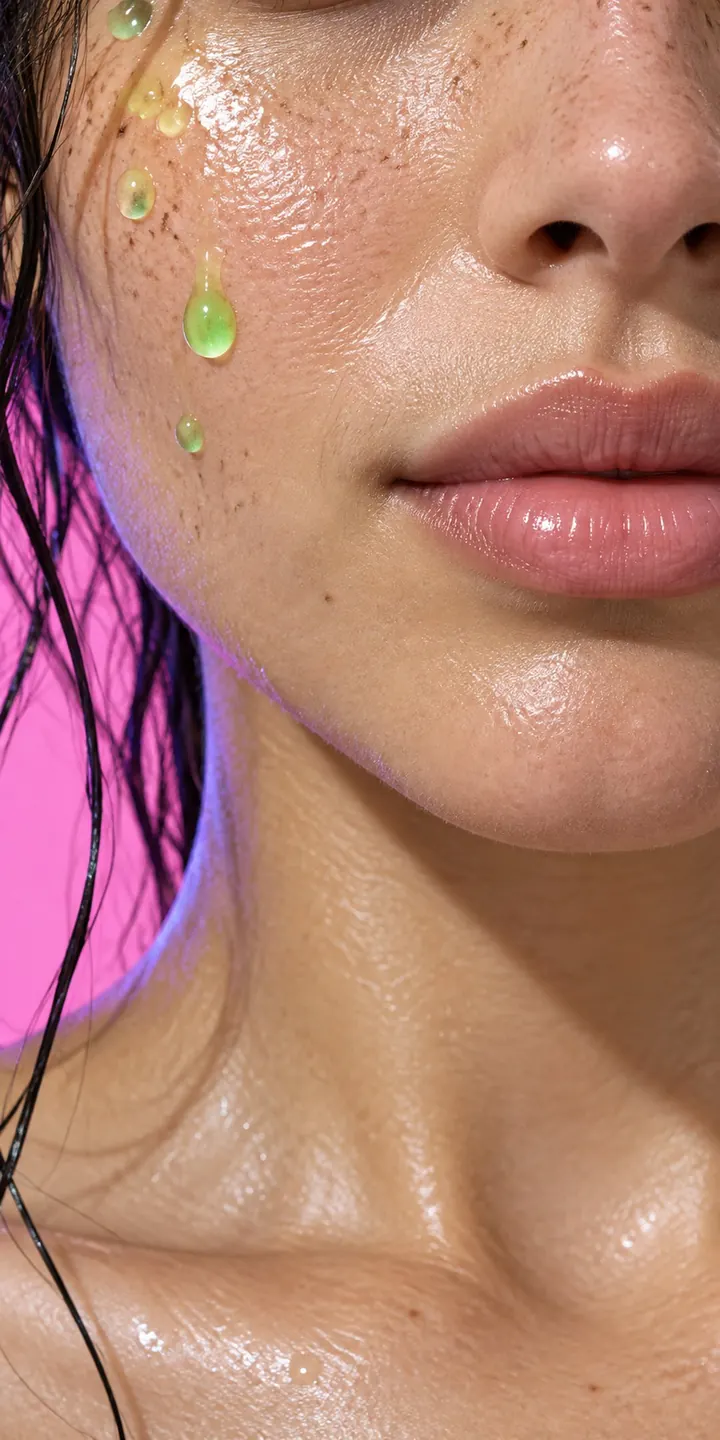 Close-up of a dewy cheek and jaw with a few drops of green serum, seen through the phone's skin-read camera