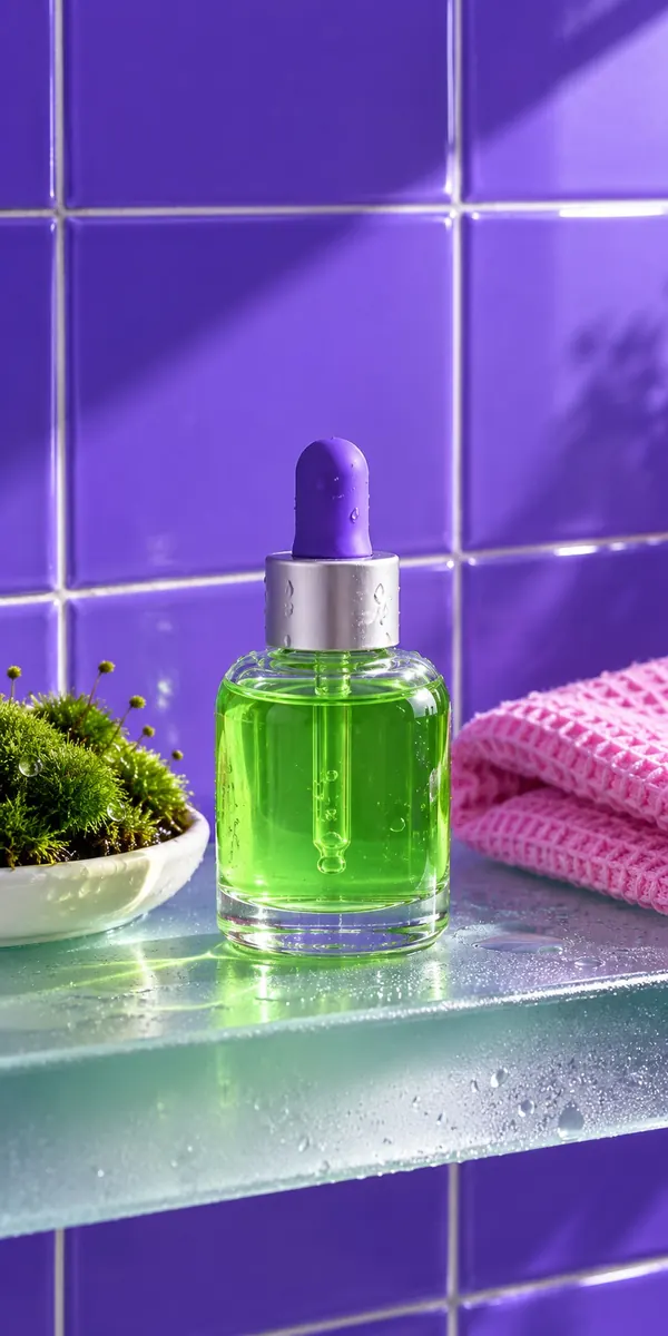 The Bank Drop dropper bottle on a frosted glass shelf beside a dish of moss