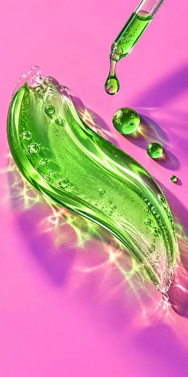 A curved stroke of luminous green gel serum on clear glass