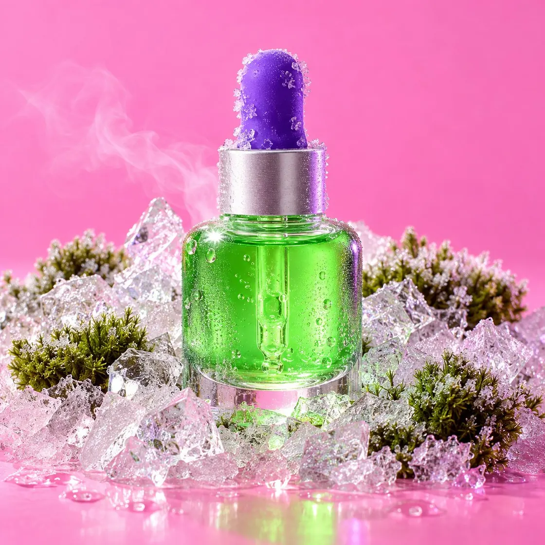 The dropper bottle standing in crushed ice with frosted moss