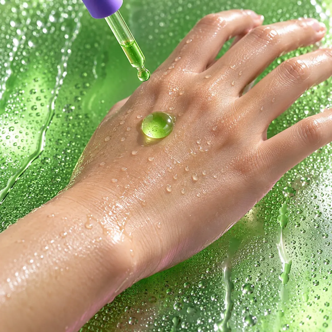 A relaxed hand on cool wet glass with a green drop of serum on the knuckle