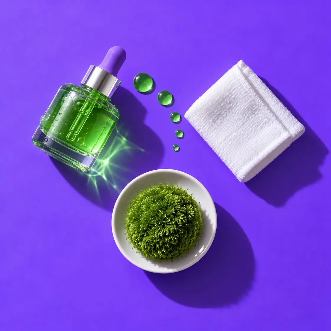 Overhead: the dropper bottle, a folded cloth and a sphere of moss on violet