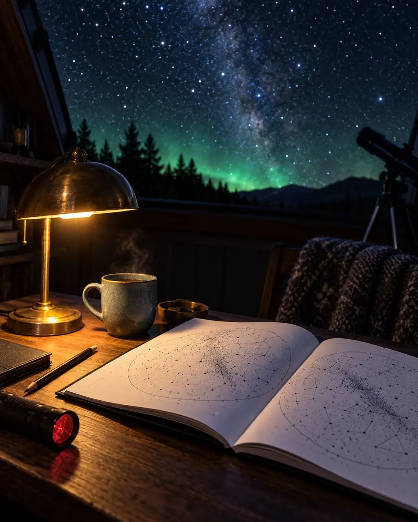 A brass amber lamp beside a cup of tea and a paper sky atlas