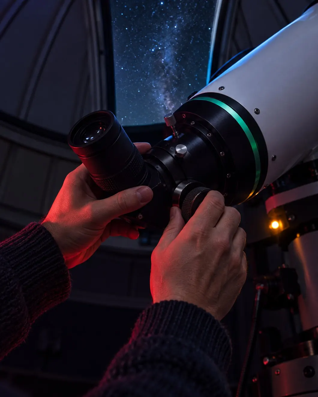 Hands adjusting the focuser of a large telescope eyepiece in faint red light